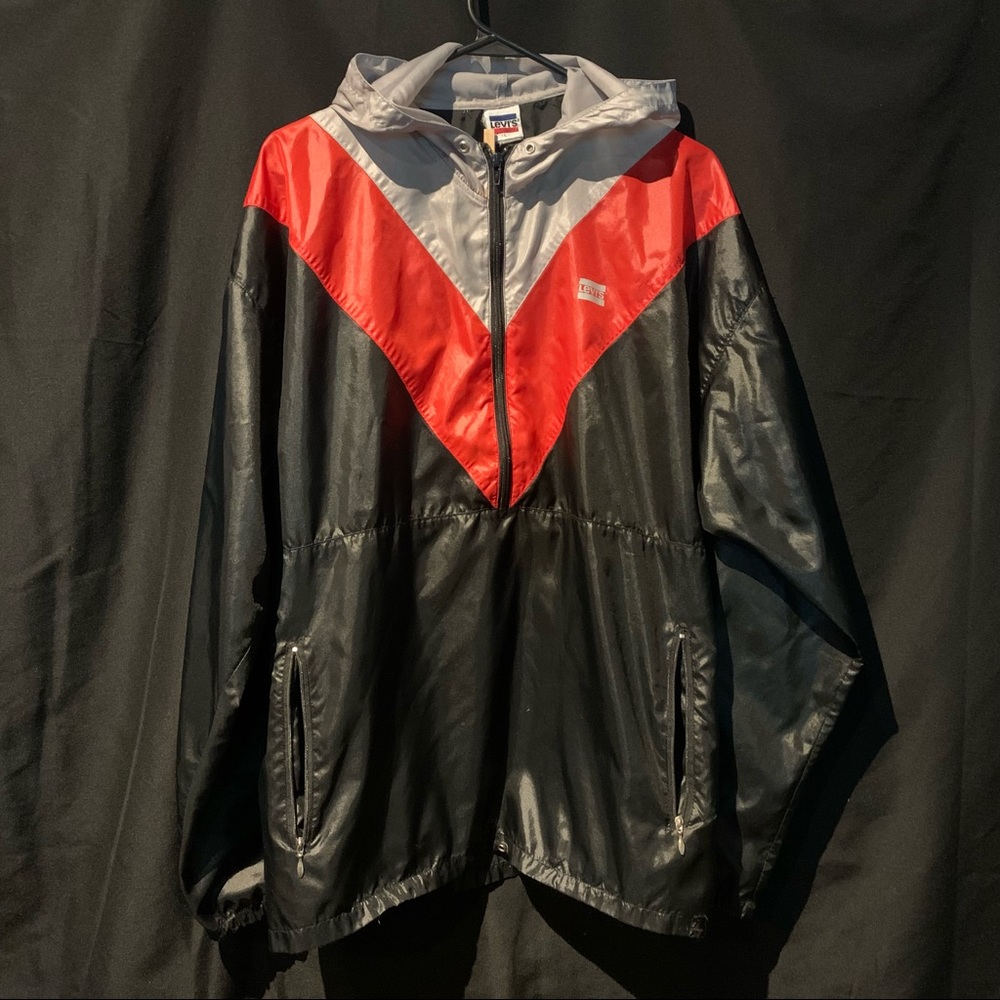 Vtg 80s Levis Nylon Windbreaker Jacket L Windrunner  Hooded Hole On Hem